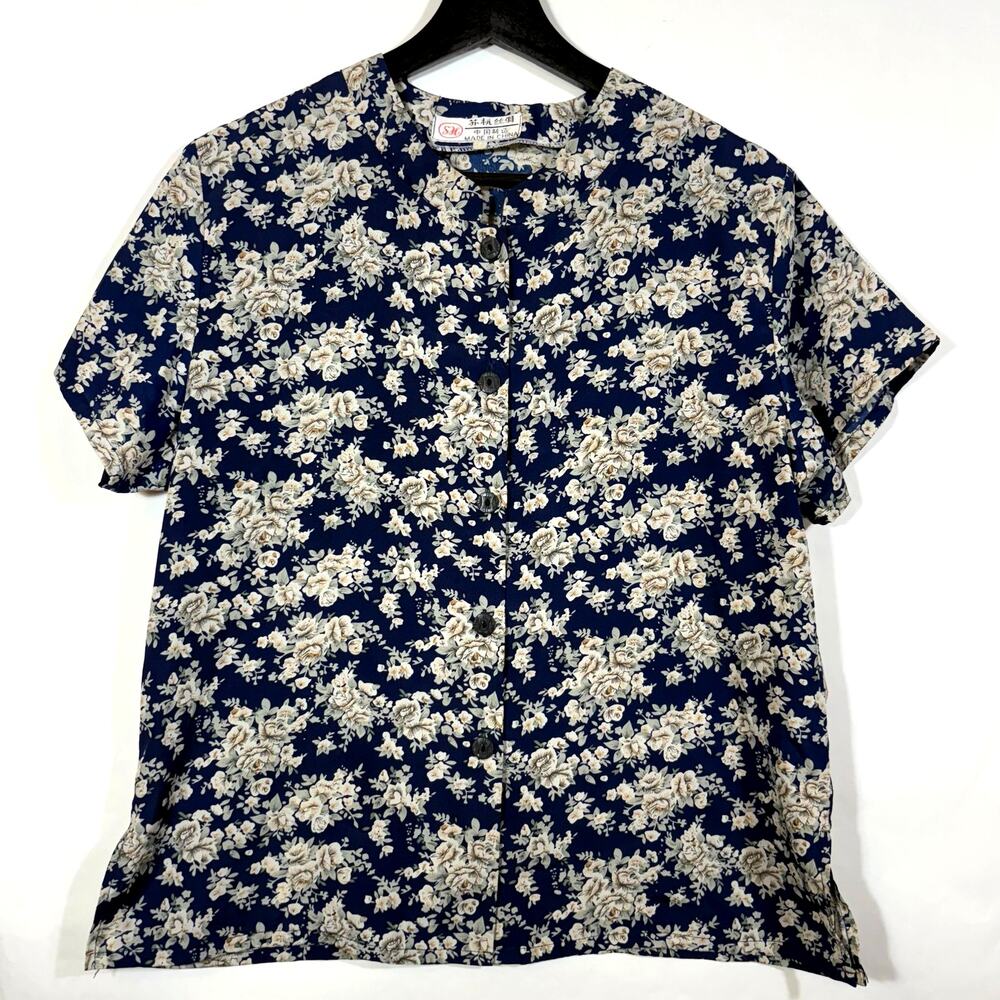 Floral Navy Blue Silk Shirt Blouse Top Chinese Short Sleeve Buttons Vintage